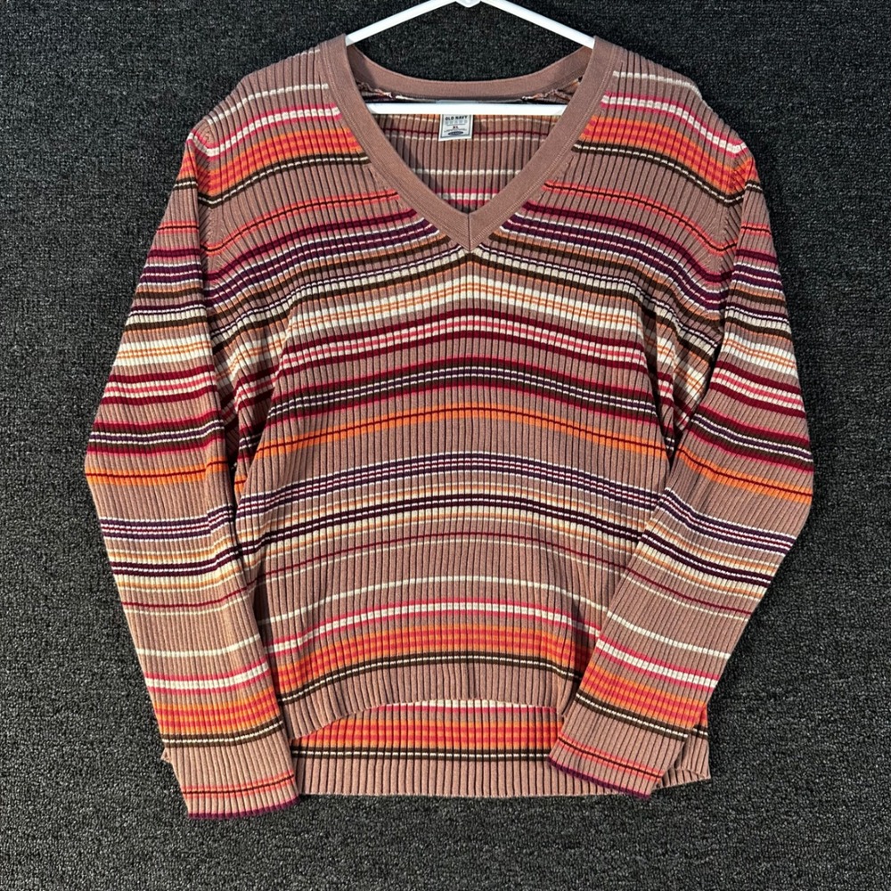 Old Navy Sweater Womens XL Mauve Multi Striped Ribbed V-Neck Cotton Good